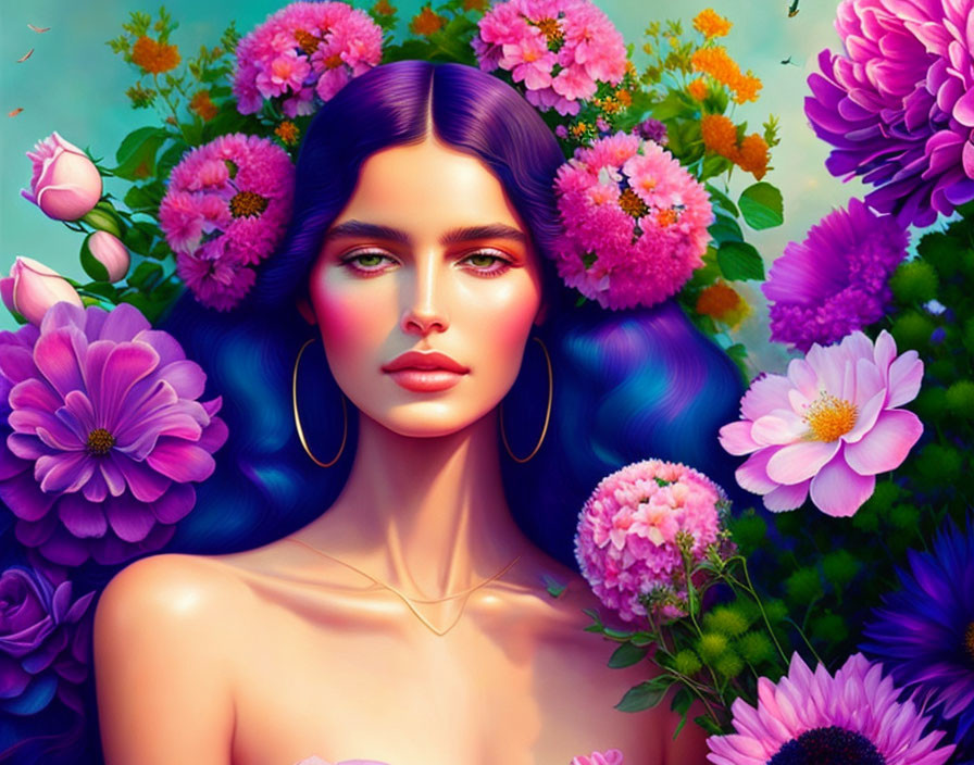 Vibrant purple-haired woman surrounded by colorful flowers