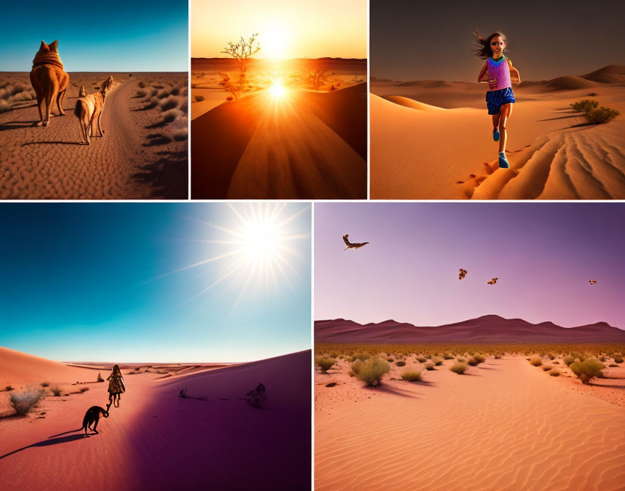 Six-image Collage: Desert Landscapes with Sand Dunes, Dog, Camel, People,
