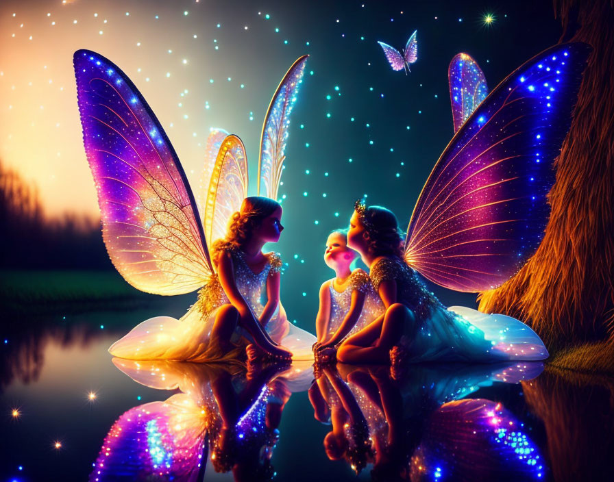 Fairy characters with iridescent wings by water under starry sky