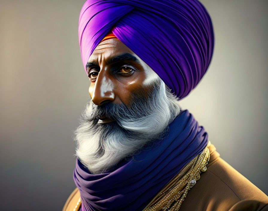 Detailed illustration: Man with gray beard, purple turban, traditional attire, thoughtful expression