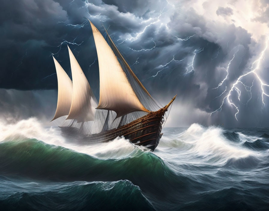 Sailing ship in thunderstorm with full sails and lightning strikes