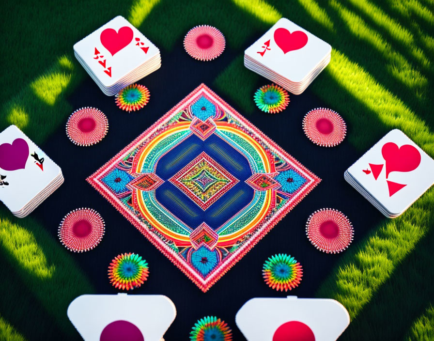 Colorful Mandala Card Surrounded by Playing Cards on Green Textured Surface