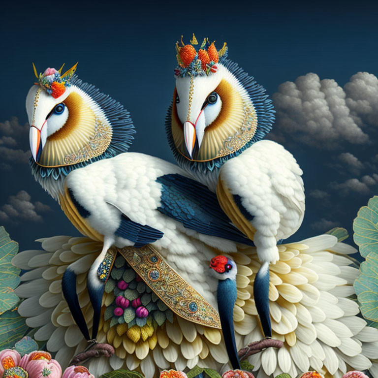 Ornate Stylized Birds with Regal Headdresses Against Cloudy Sky