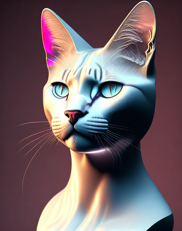 3D digital artwork of metallic cat with warm colors and blue eyes