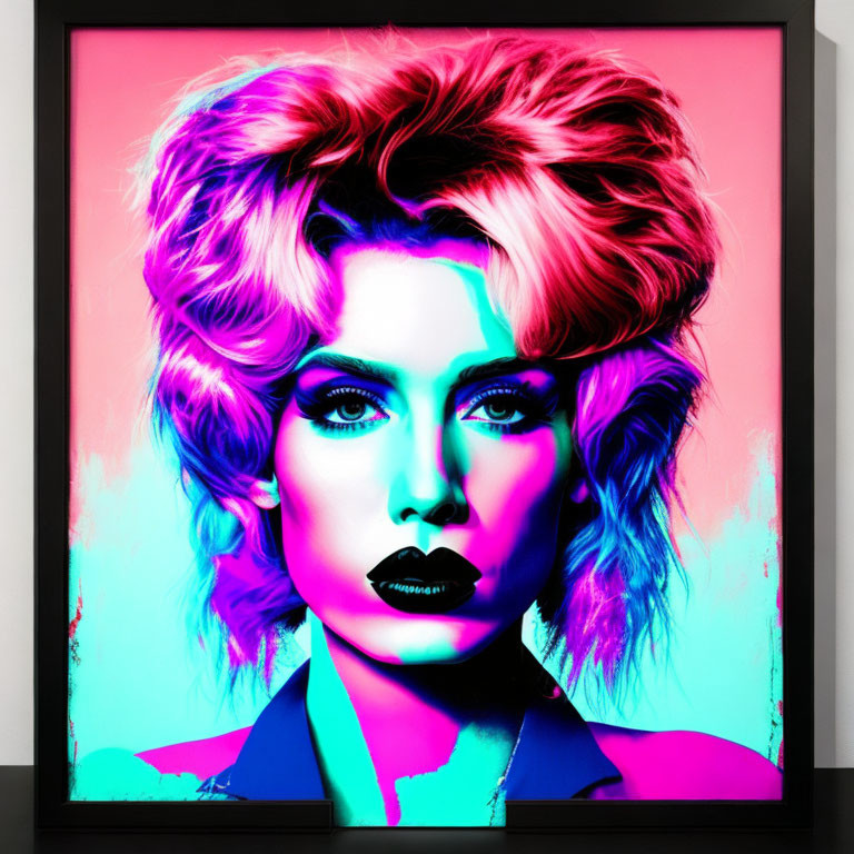 Vibrant pop art portrait of a woman with colorful hair and makeup