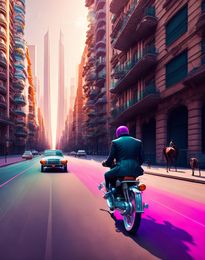 City street scene: motorcycle, classic car, horse under surreal purple sky