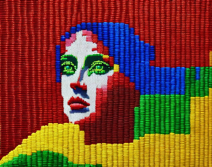 Vibrant mosaic of a woman's face with plastic pegs, red lips and green eyes