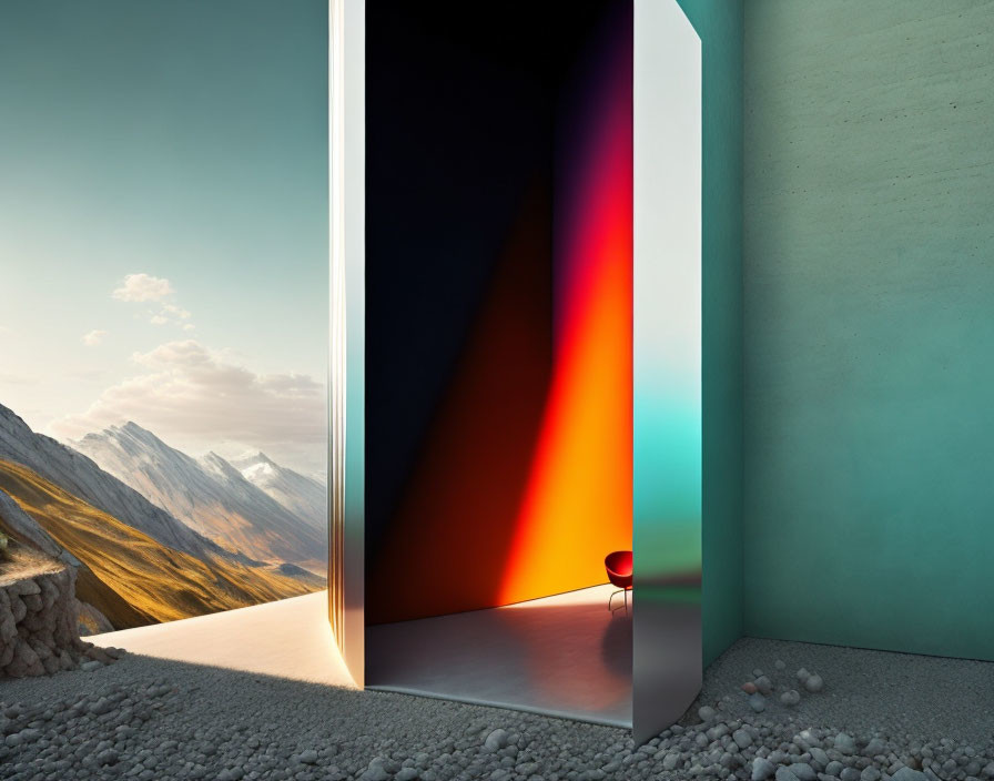 Surreal image of open door with abstract interior and chair against mountain backdrop