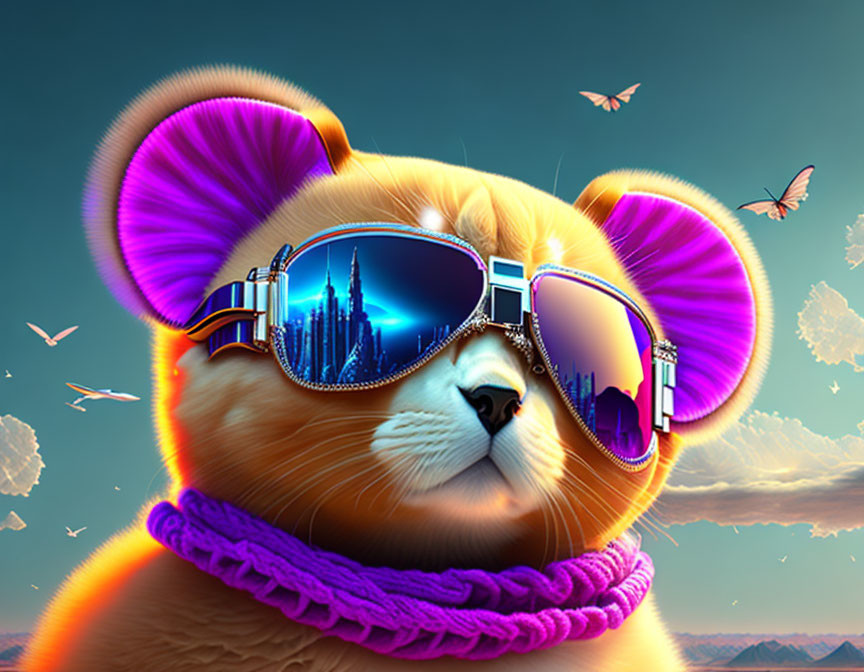 Stylized dog with purple ears and sunglasses in cityscape reflection