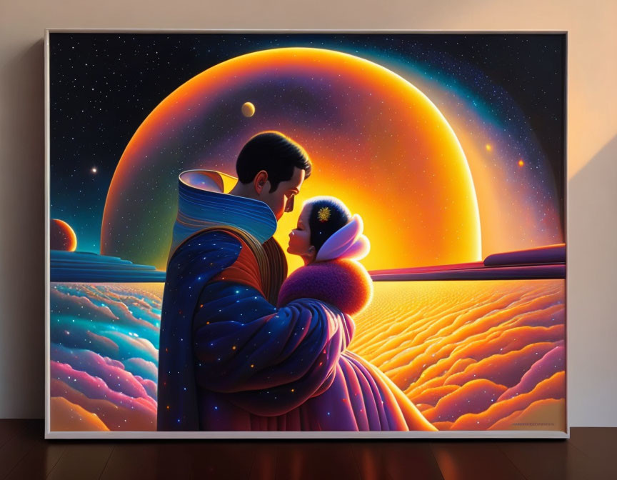 Colorful painting of couple embracing in surreal planetary landscape
