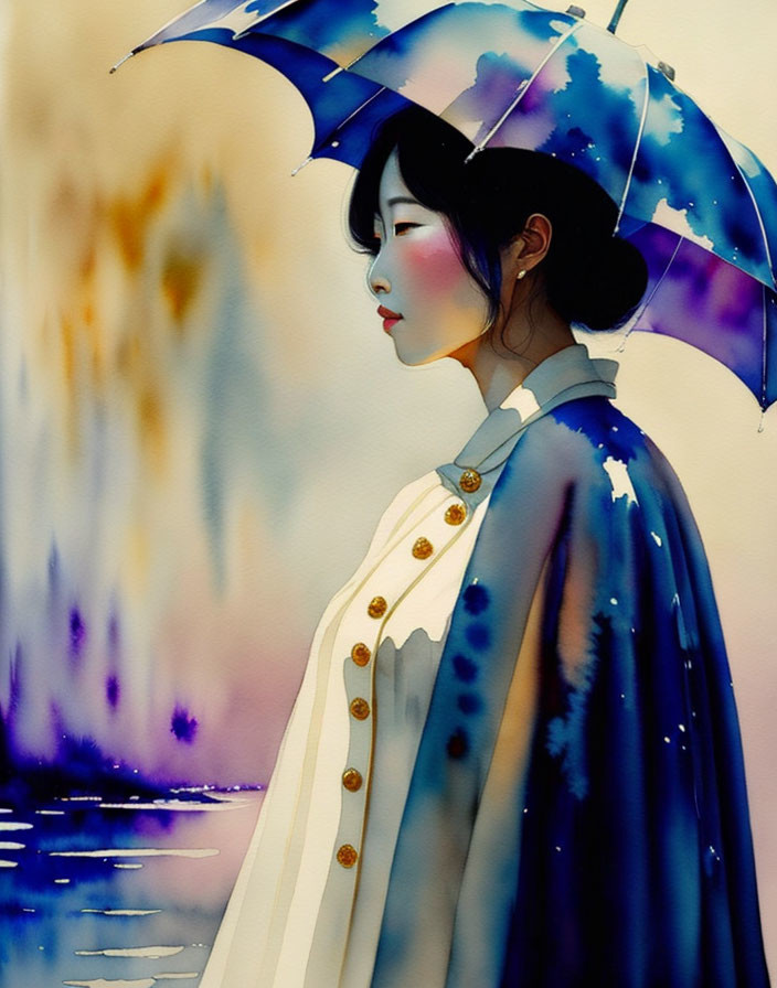 Profile of woman with night sky umbrella on rain-themed watercolor background
