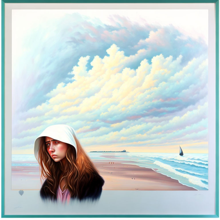 Digital artwork of pensive woman with long hair on beachscape.