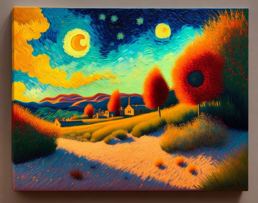 Colorful swirling starry sky, radiant suns, textured landscape: vibrant painting.