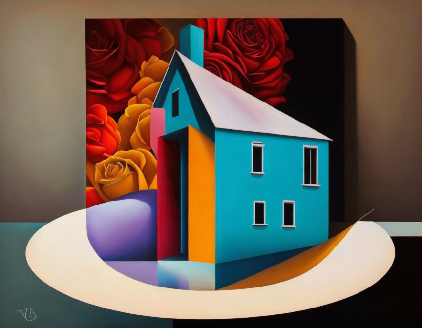 Surreal painting of blue house with orange roof amid red and orange roses