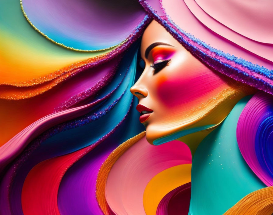 Colorful Abstract Portrait of Woman with Swirling Patterns & Vivid Makeup