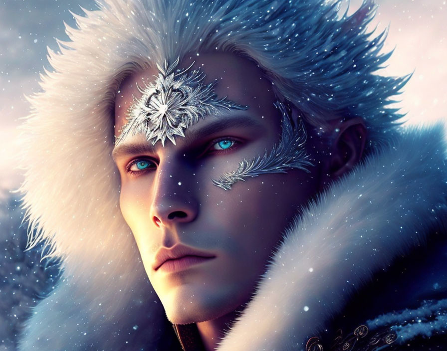 Male digital art portrait with blue eyes, white hair, frost-covered eyebrows, furry white coat, in