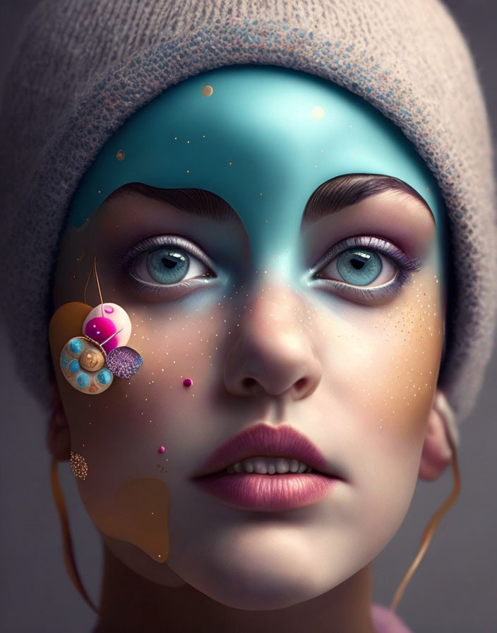 Surreal portrait of woman with galaxy-themed face makeup and beige beanie
