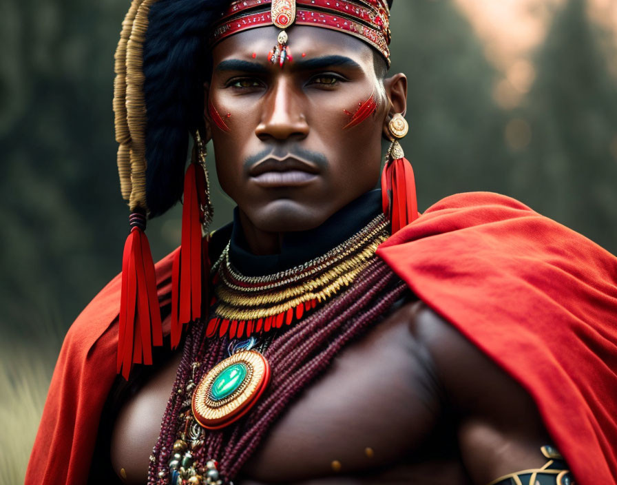 Man with tribal jewelry and red headpiece against blurred background
