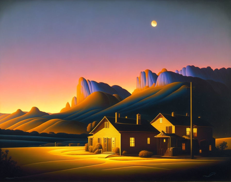 Stylized painting of solitary house at twilight with full moon