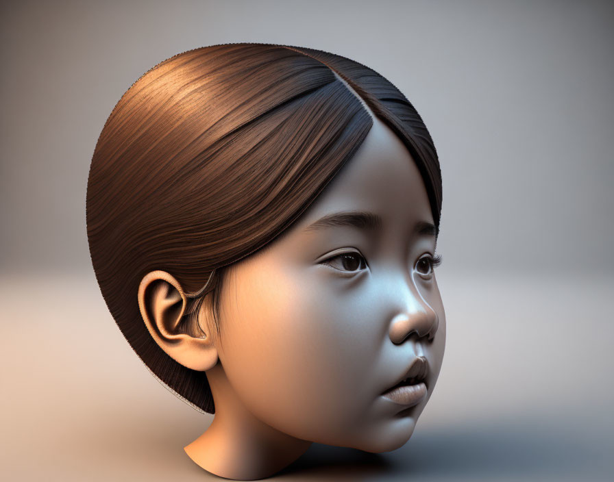 Young girl with brown hair in 3D digital art portrait.