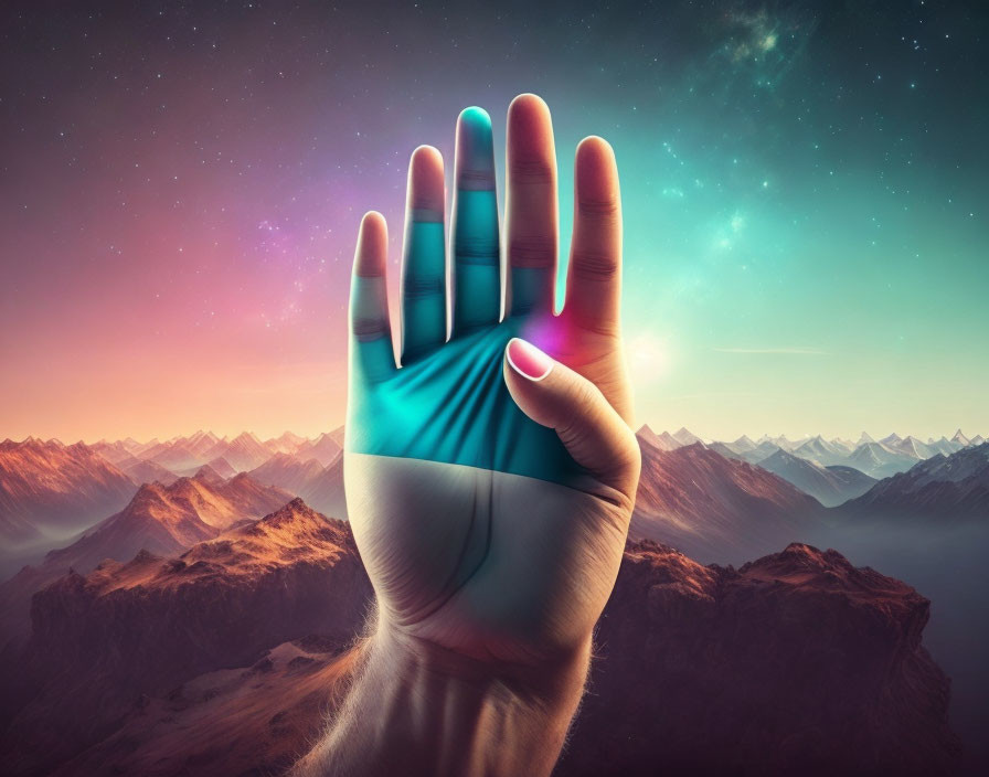 Hand in cosmic landscape with vibrant mountains and glowing light