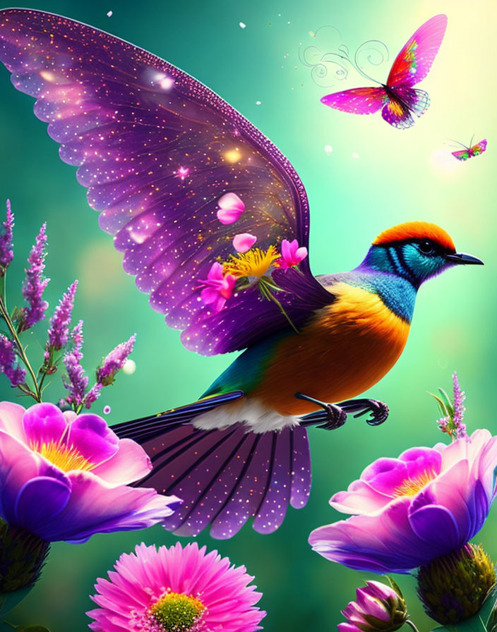Vibrant bird with sparkling wings on colorful flowers and teal background