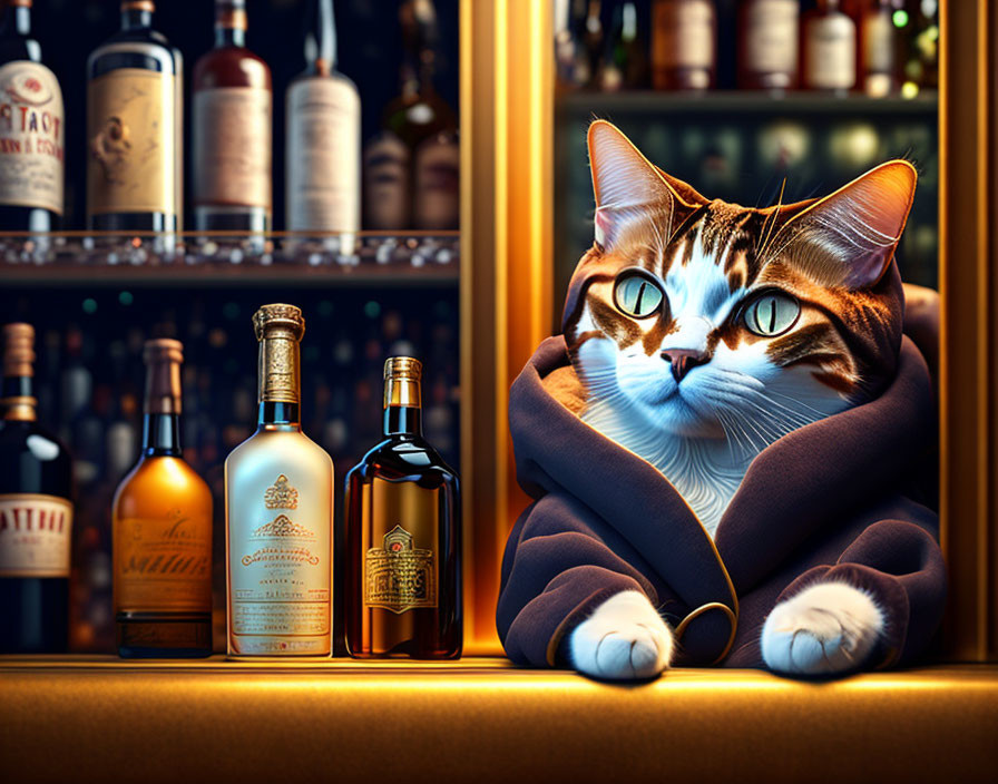 Tabby cat in blue blanket on bar counter with liquor bottles