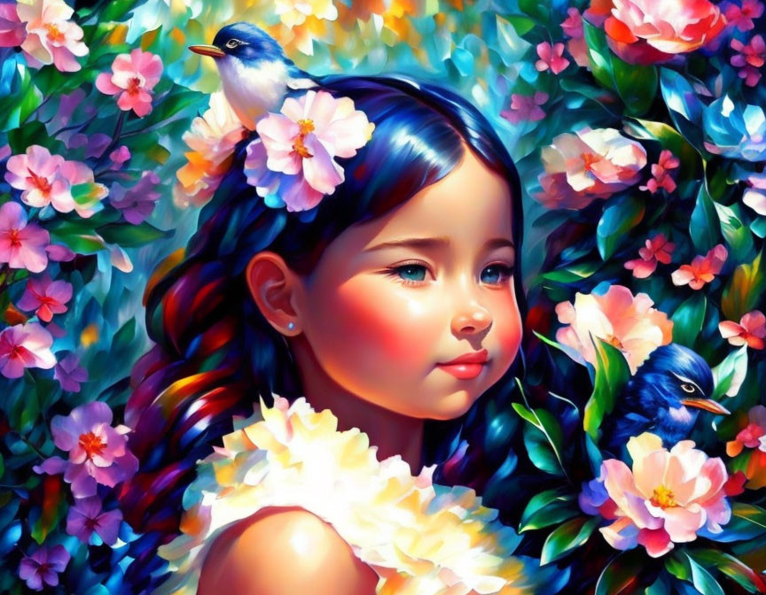 Vibrant painting of young girl with bluebirds and flowers