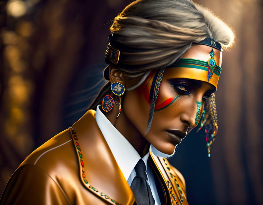 Stylized woman with headband and face paint in digital art
