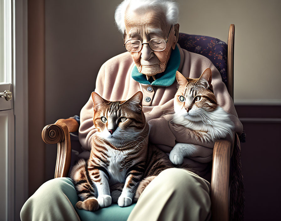 Elderly person with two tabby cats in warm natural light