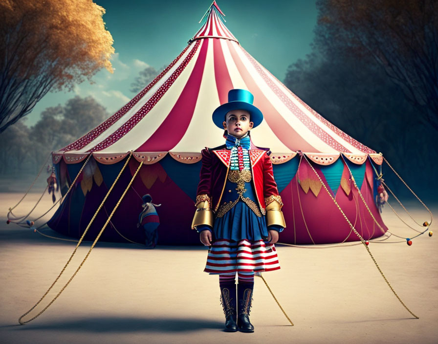 Colorful Ringmaster Costume in front of Circus Tent and Autumn Trees