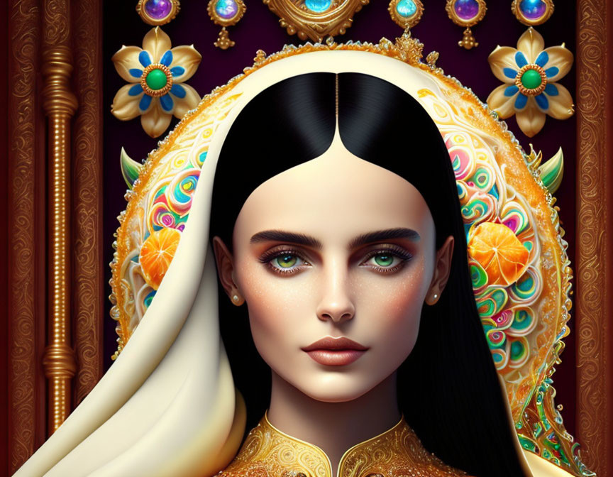 Digital Art: Woman with Striking Green Eyes and Ornate Gold Headwear