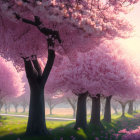 Colorful park scene with cherry blossoms, silhouetted figures, and yellow flowers