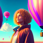 Curly-Haired Person with Hot Air Balloons over Snowy Mountains