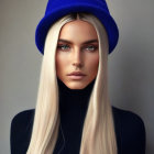 Blonde Woman Portrait in Blue Hat and Sweater