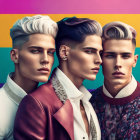Stylized men in trendy attire against rainbow backdrop