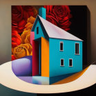 Vibrant paper art installation with house and child on table with floral backdrop