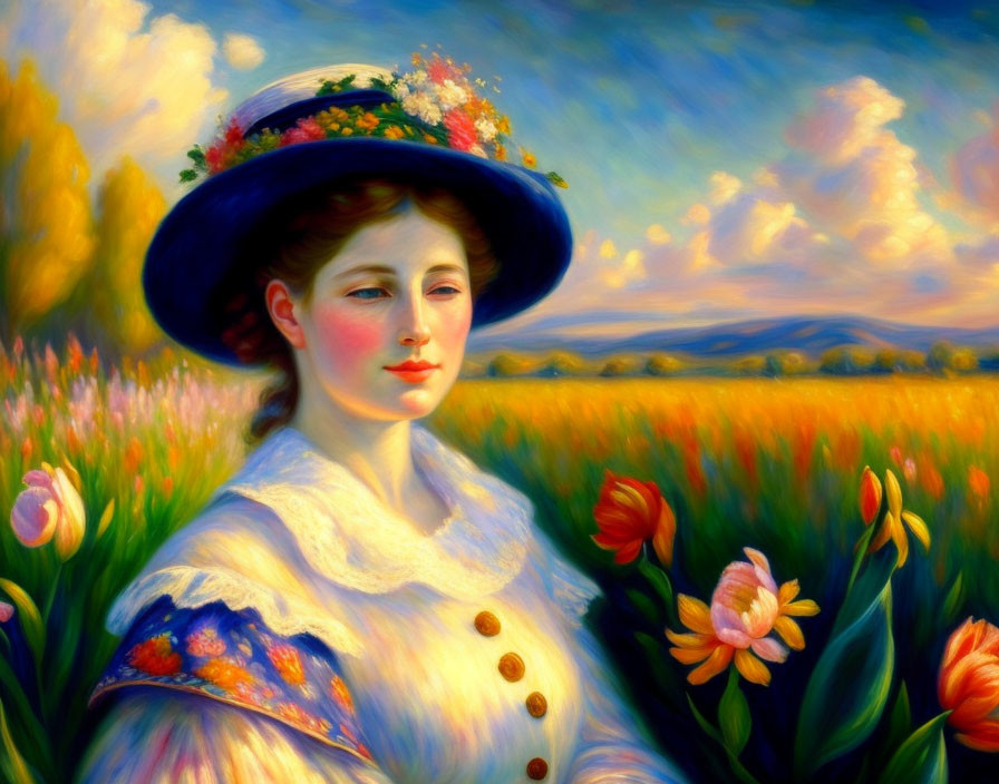 Woman in White Dress and Blue Hat Surrounded by Tulips at Sunset