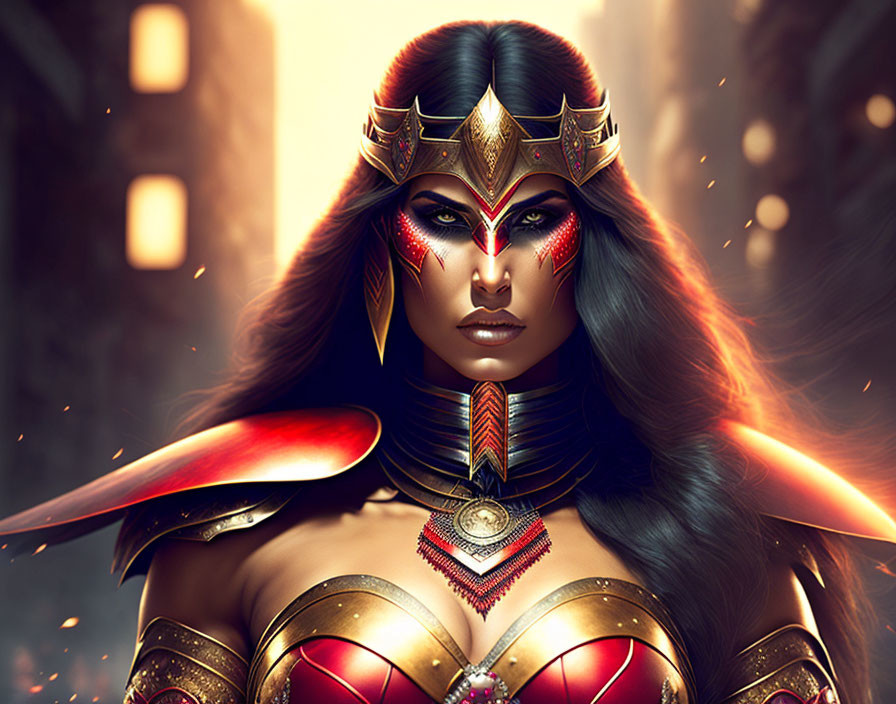Golden-helmeted warrior woman in red and elaborate armor against cityscape.