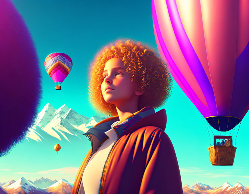 Curly-Haired Person with Hot Air Balloons over Snowy Mountains