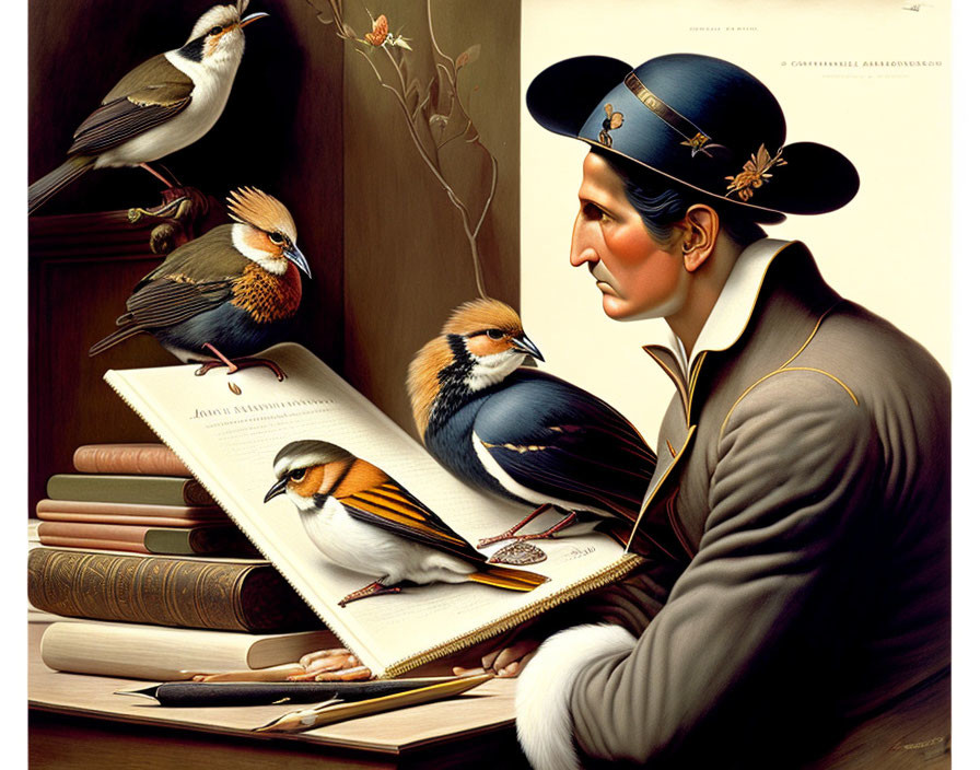 Man-bird hybrid reading book surrounded by small birds