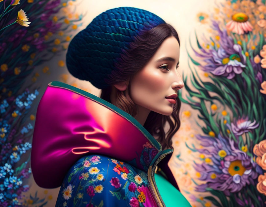 Colorful Woman Profile Illustration with Blue Knitted Cap and Floral Jacket