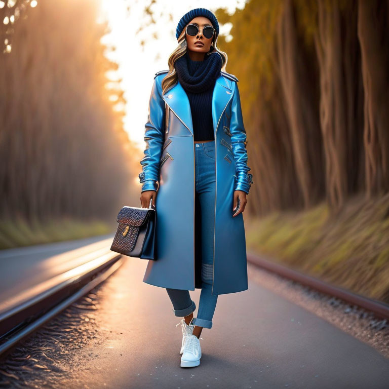 Fashionable individual in blue trench coat, turtleneck, and jeans on train tracks with handbag