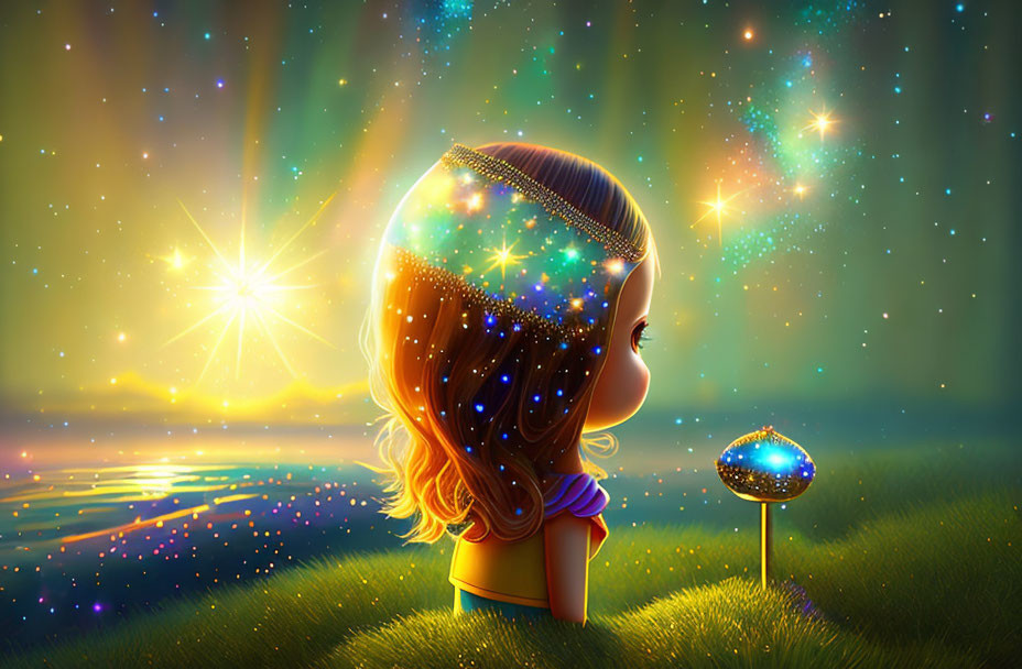 Illustration of girl gazing at starry night sky with mushroom and lights