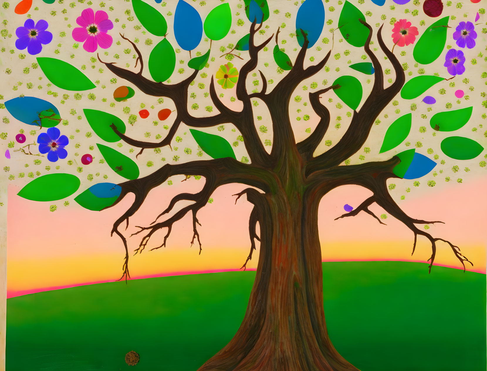 Colorful Tree Painting with Flowers Against Pastel Sky