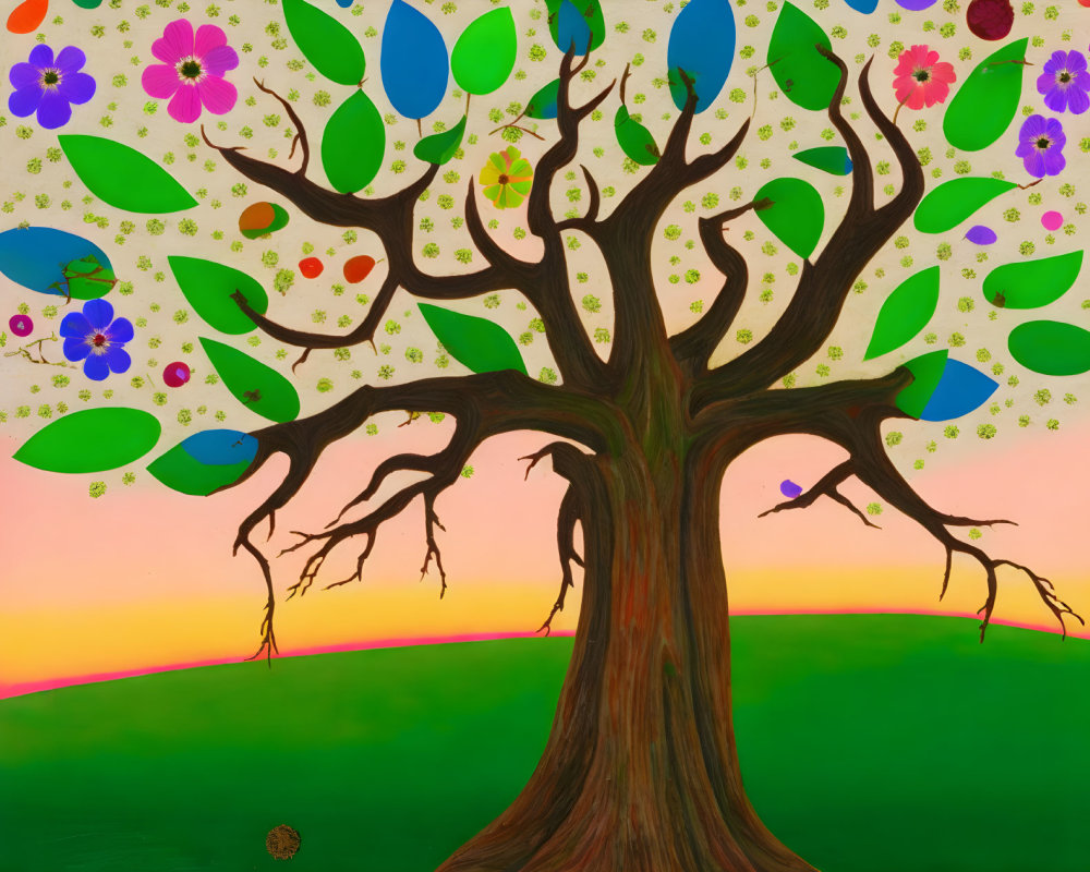 Colorful Tree Painting with Flowers Against Pastel Sky