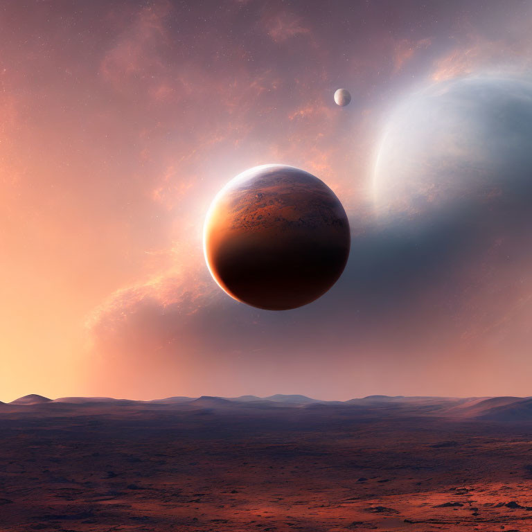 Surreal landscape with red planet, moon, and gas giant in warm sky
