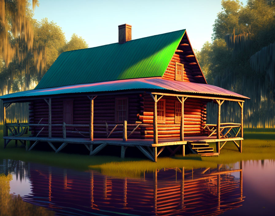 Rustic log cabin on stilts by serene lake at dusk or dawn