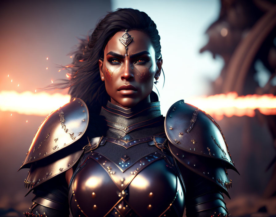 Digital artwork: Fierce warrior woman in ornate black armor