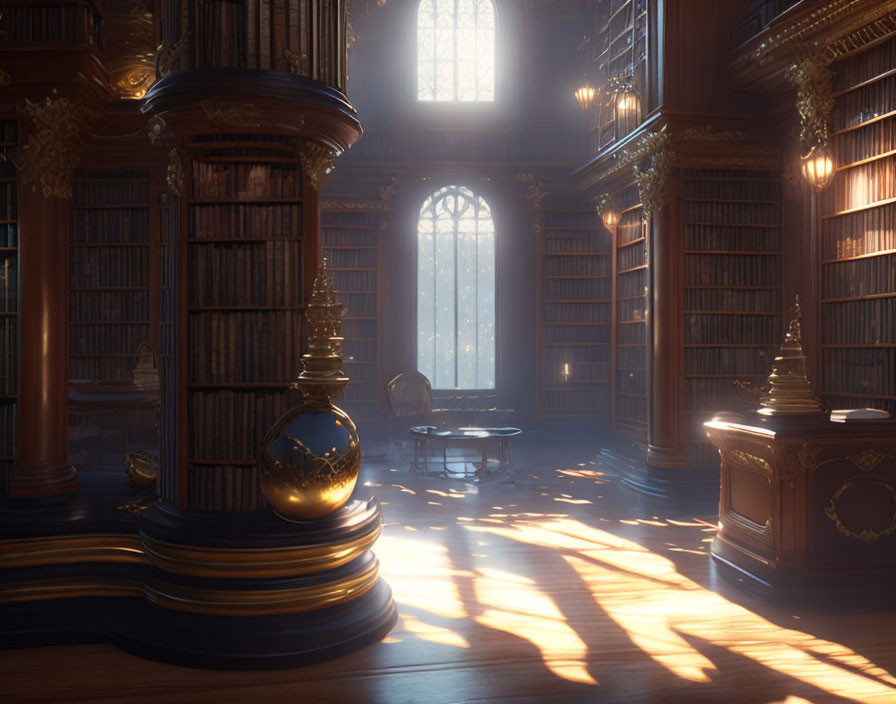 Spacious library with tall bookshelves, glowing orb, and sunlight.